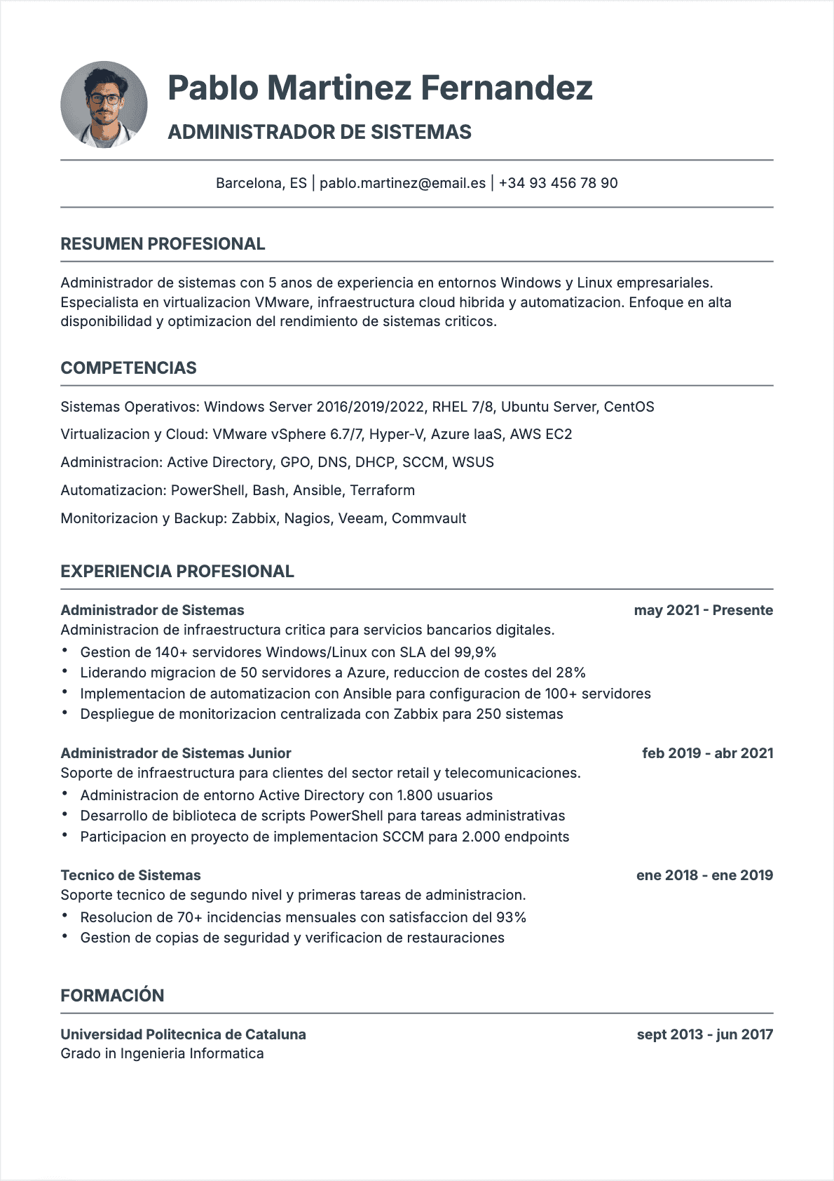 Ejemplo de CV Administrador de sistemas profesional - Plantilla moderna optimizada para ATS y reclutadores | CVtoWork
