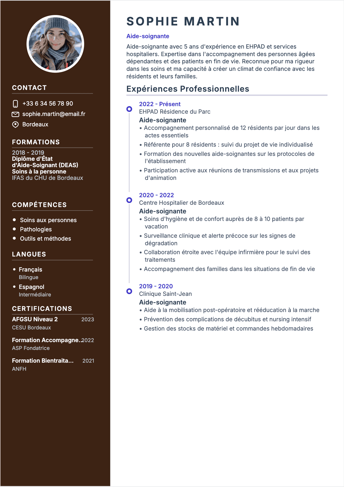 Exemple de CV Aide-soignant professionnel - Modèle moderne optimisé pour les ATS et recruteurs | CVtoWork