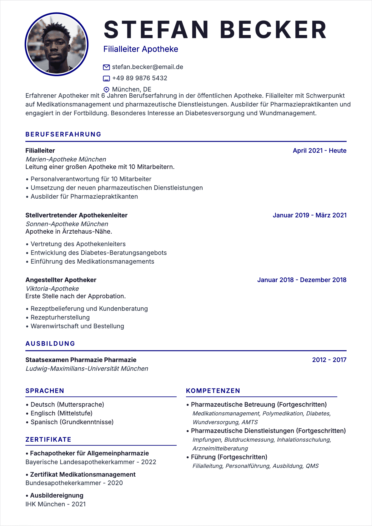 Professionelles Apotheker Lebenslauf-Beispiel - Moderne Vorlage optimiert für ATS und Personalvermittler | CVtoWork