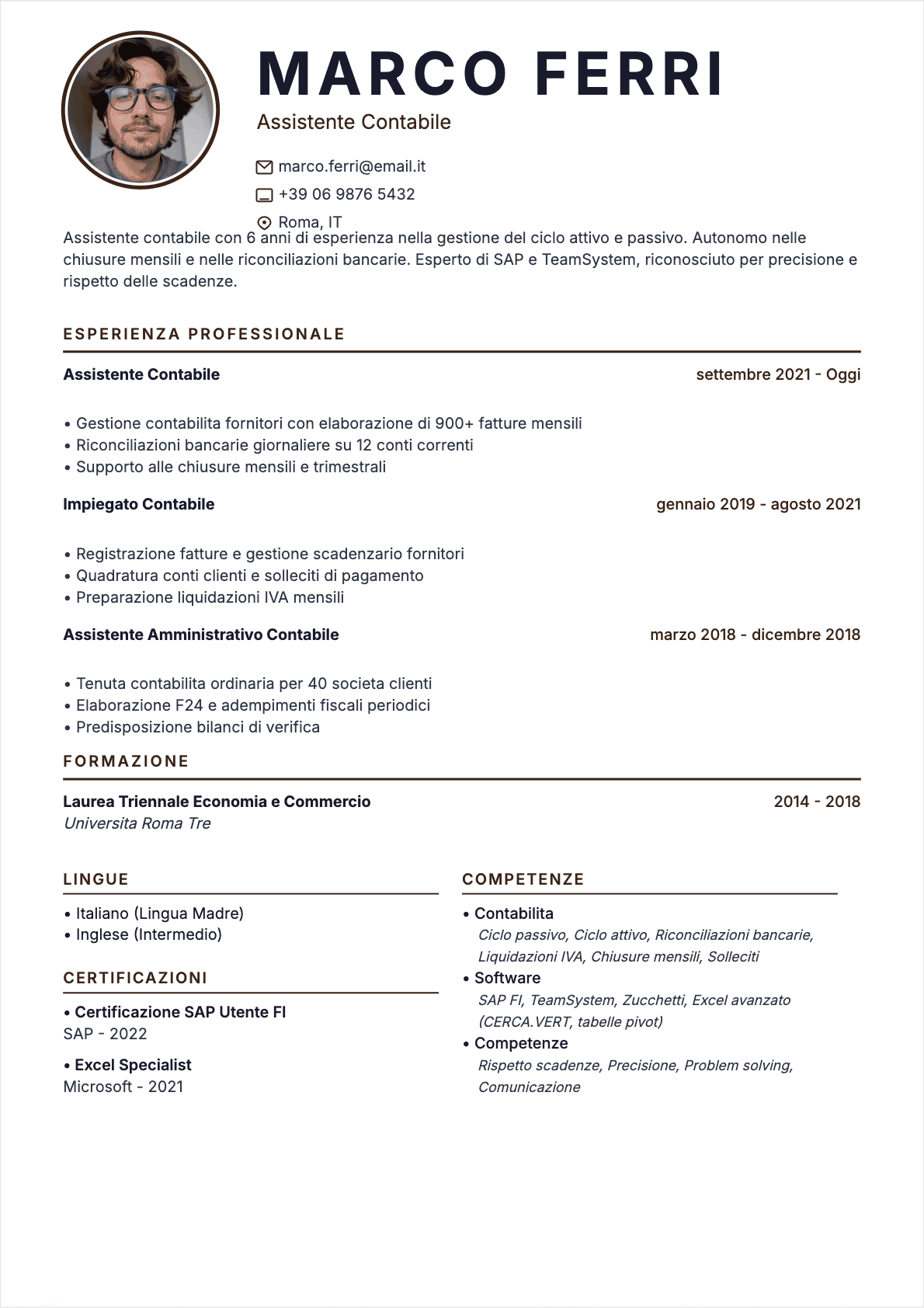 Esempio di CV Assistente contabile