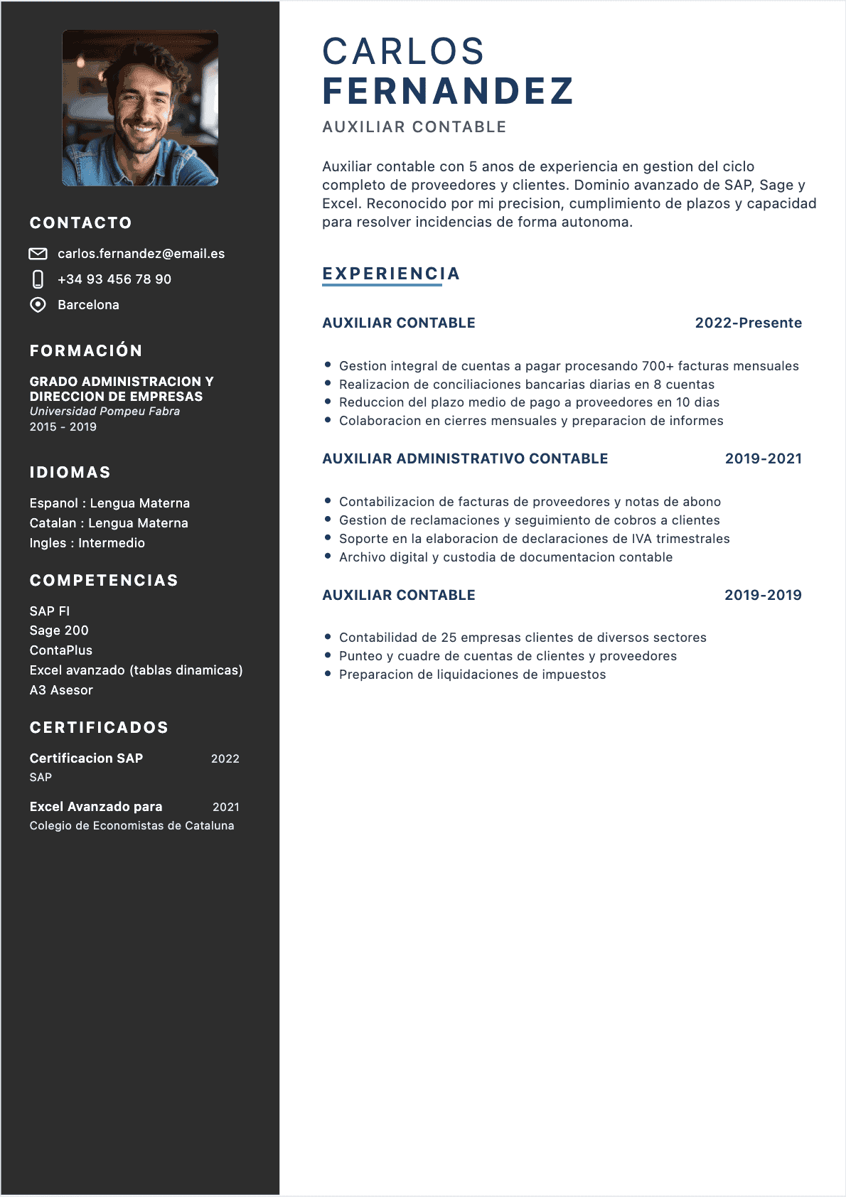 Ejemplo de CV Auxiliar contable profesional - Plantilla moderna optimizada para ATS y reclutadores | CVtoWork