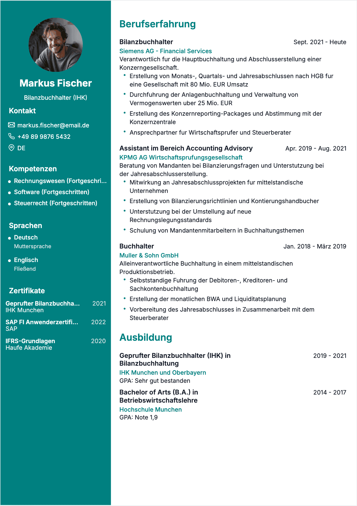 Professionelles Buchhalter Lebenslauf-Beispiel - Moderne Vorlage optimiert für ATS und Personalvermittler | CVtoWork