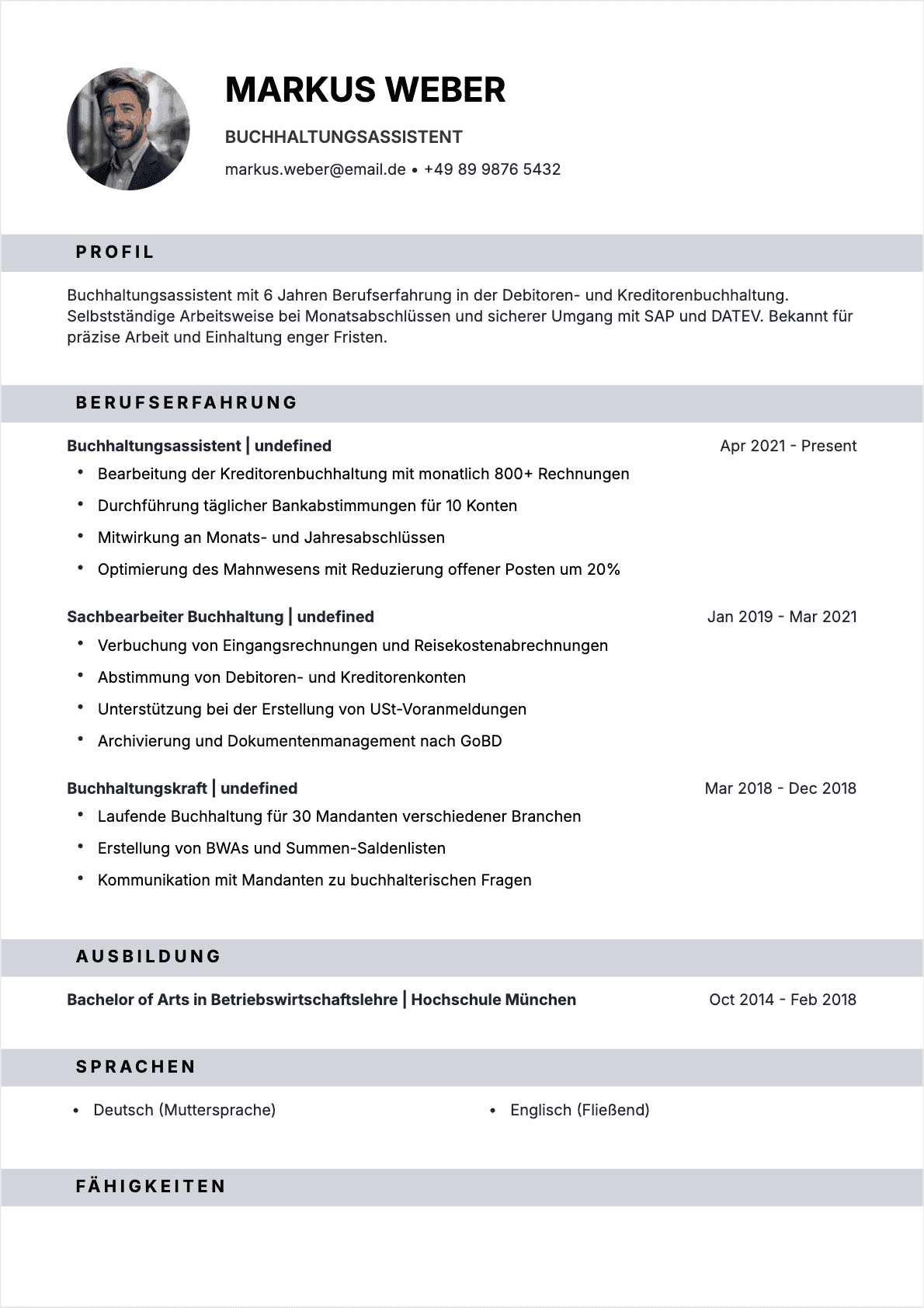 Professionelles Buchhaltungsassistent Lebenslauf-Beispiel - Moderne Vorlage optimiert für ATS und Personalvermittler | CVtoWork