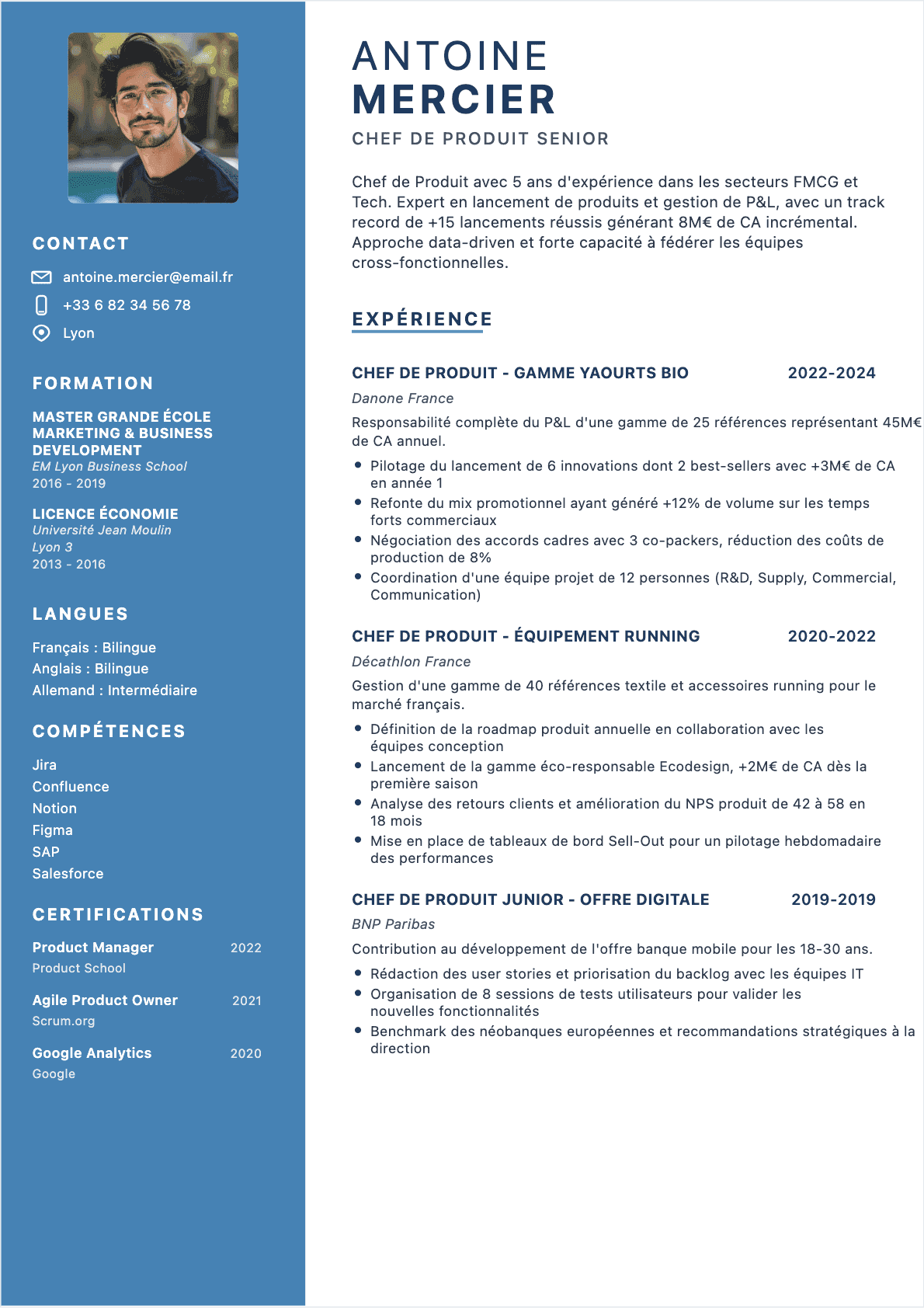 Exemple de CV Chef de produit professionnel - Modèle moderne optimisé pour les ATS et recruteurs | CVtoWork