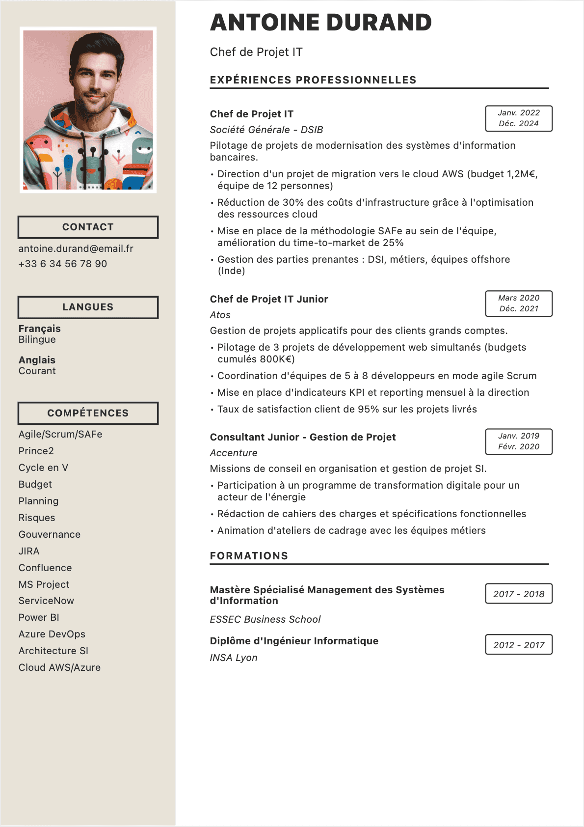 Exemple de CV Chef de projet IT professionnel - Modèle moderne optimisé pour les ATS et recruteurs | CVtoWork
