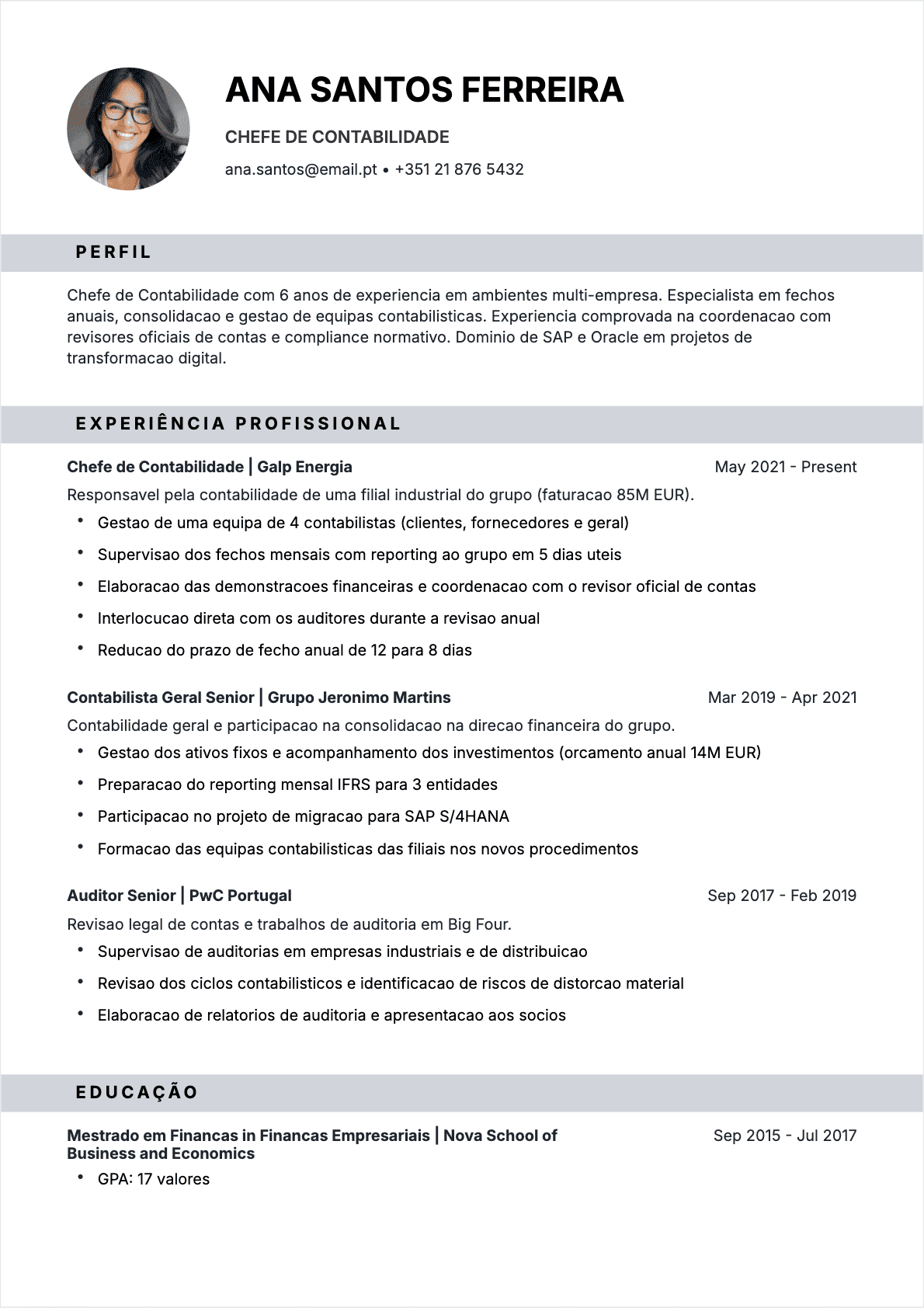 Exemplo de CV Chefe de contabilidade profissional - Modelo moderno otimizado para ATS e recrutadores | CVtoWork