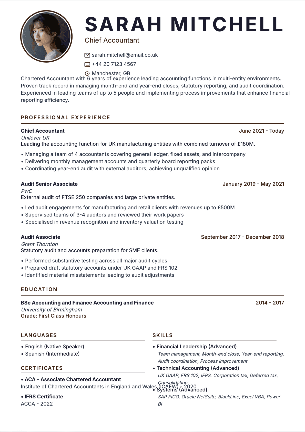 Chief Accountant resume example