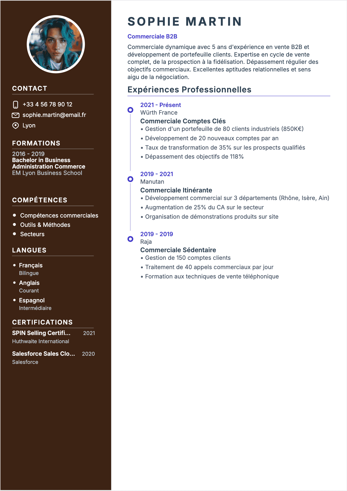 Exemple de CV Commercial professionnel - Modèle moderne optimisé pour les ATS et recruteurs | CVtoWork