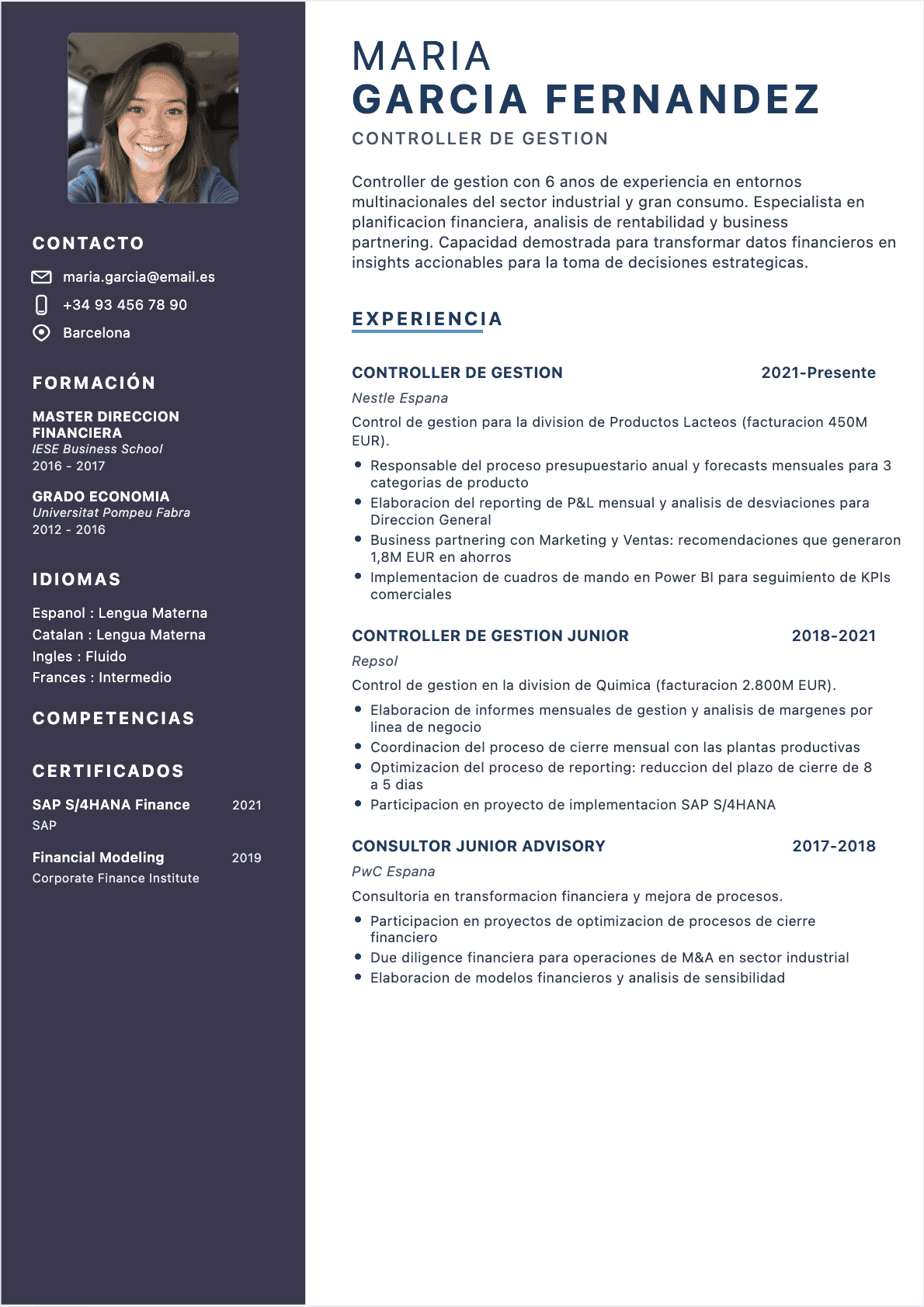 Ejemplo de CV Controlador de gestión profesional - Plantilla moderna optimizada para ATS y reclutadores | CVtoWork