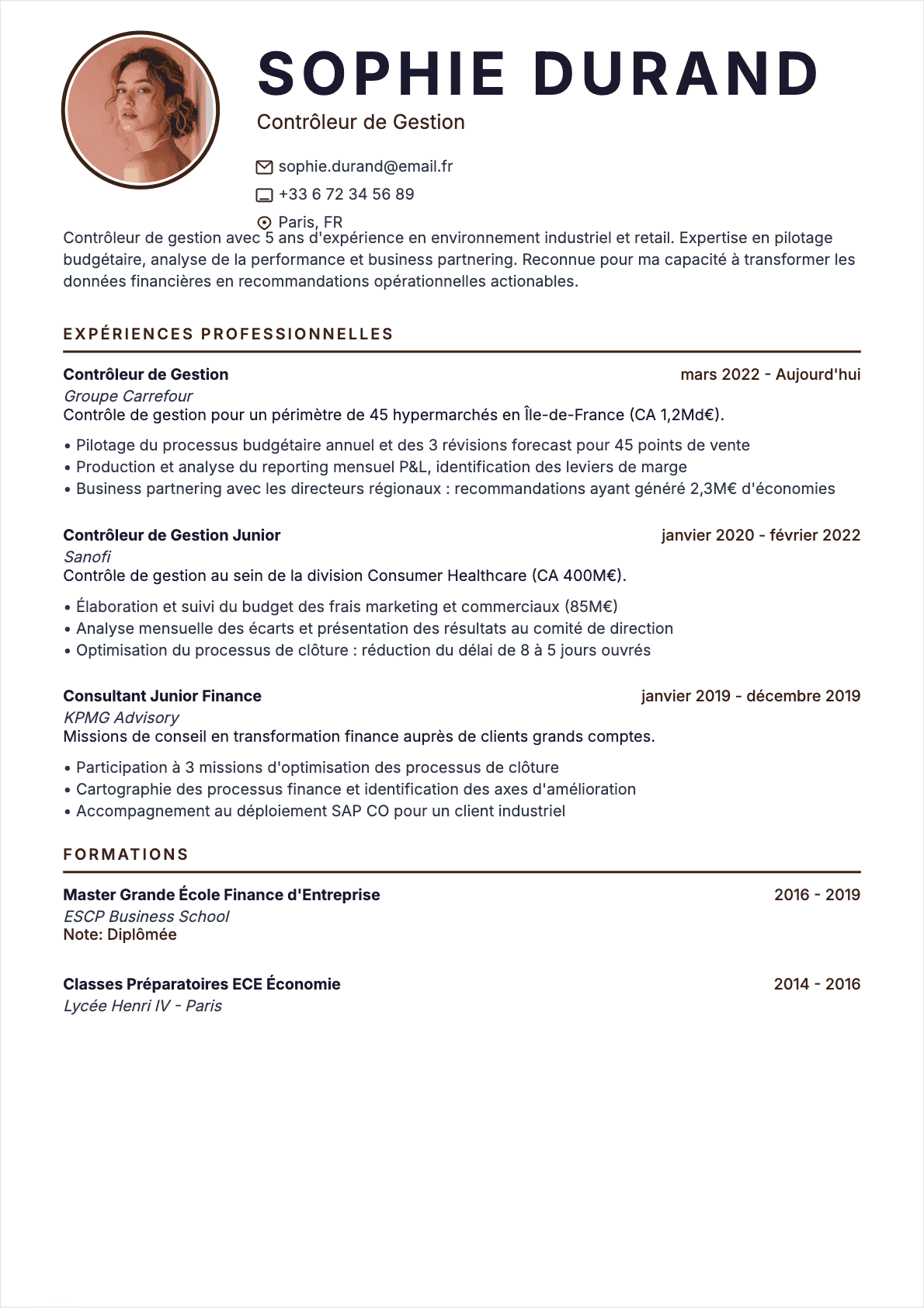 Exemple de CV Contrôleur de gestion professionnel - Modèle moderne optimisé pour les ATS et recruteurs | CVtoWork