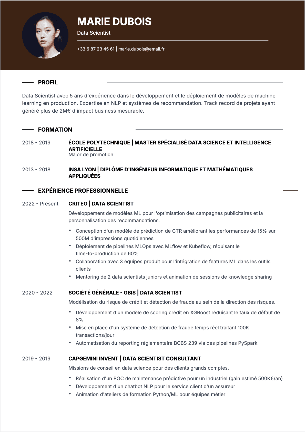 Exemple de CV Data scientist professionnel - Modèle moderne optimisé pour les ATS et recruteurs | CVtoWork