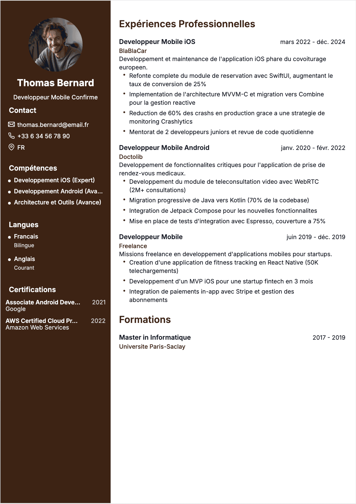 Exemple de CV Développeur mobile professionnel - Modèle moderne optimisé pour les ATS et recruteurs | CVtoWork