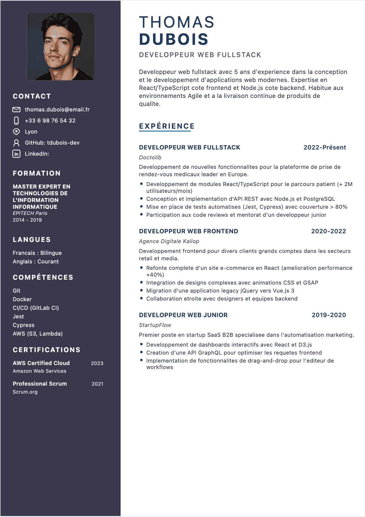 Exemple de CV Développeur web