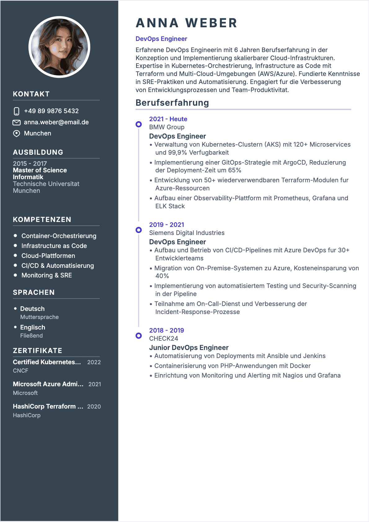 Professionelles DevOps-Ingenieur Lebenslauf-Beispiel - Moderne Vorlage optimiert für ATS und Personalvermittler | CVtoWork