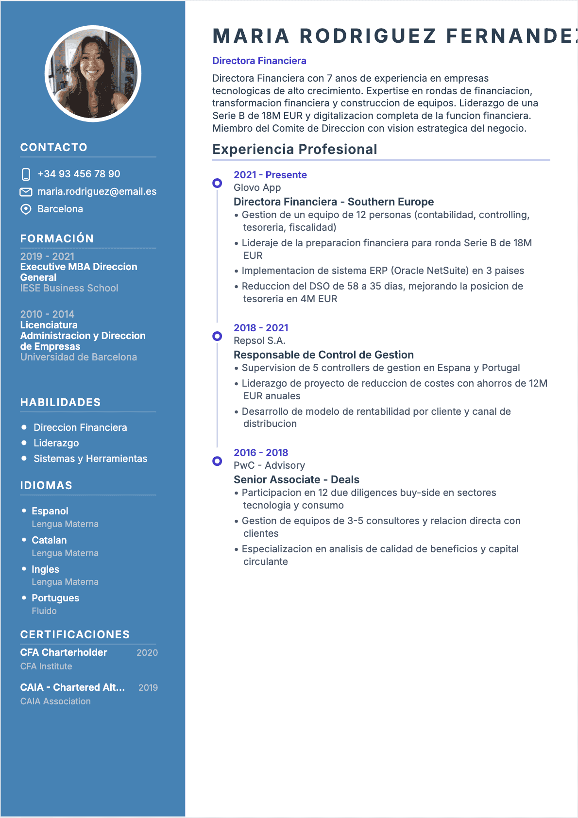 Ejemplo de CV Director financiero profesional - Plantilla moderna optimizada para ATS y reclutadores | CVtoWork