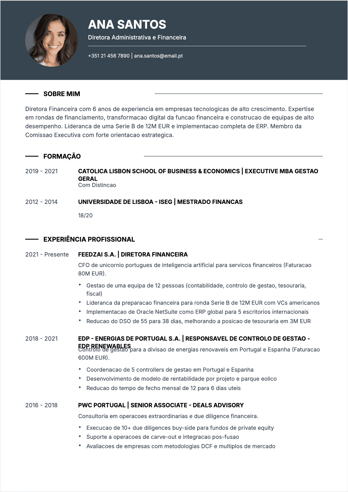 Exemplo de CV Diretor financeiro profissional - Modelo moderno otimizado para ATS e recrutadores | CVtoWork
