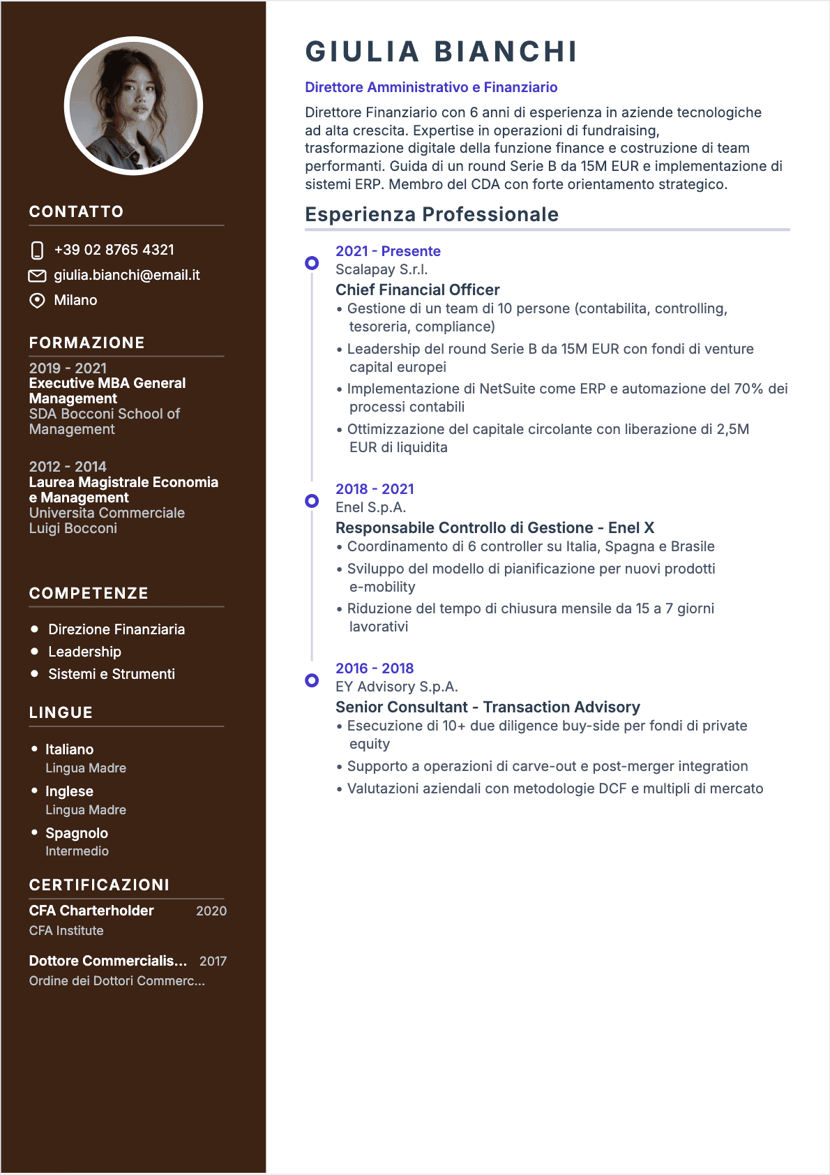 Esempio di CV Direttore finanziario professionale - Modello moderno ottimizzato per ATS e recruiter | CVtoWork