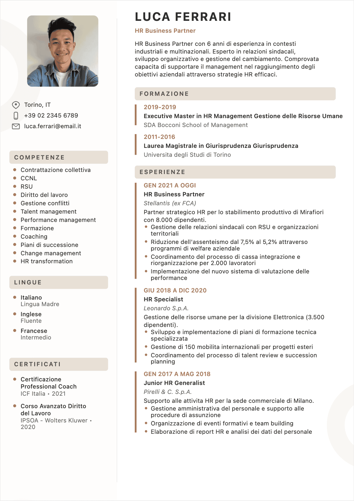 Esempio di CV Direttore risorse umane