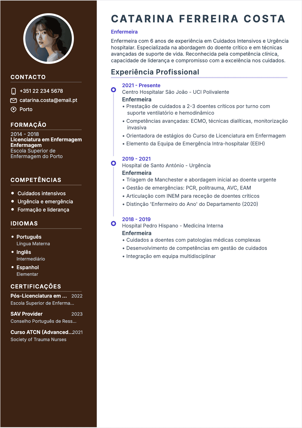 Exemplo de CV Enfermeiro profissional - Modelo moderno otimizado para ATS e recrutadores | CVtoWork