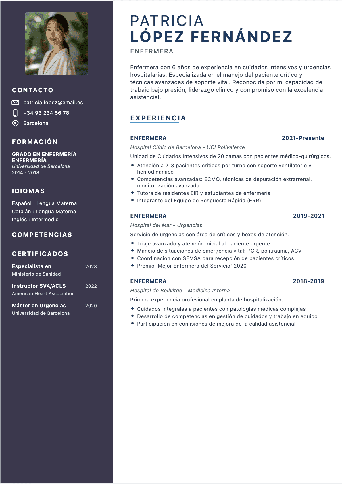 Ejemplo de CV Enfermero profesional - Plantilla moderna optimizada para ATS y reclutadores | CVtoWork
