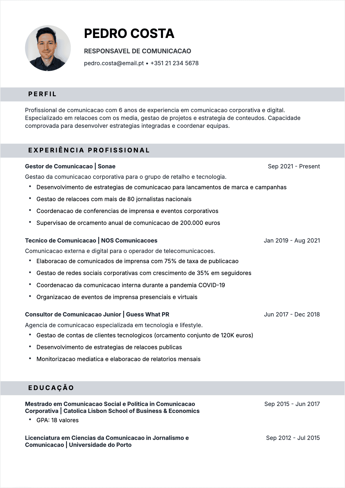 Exemplo de CV Especialista em comunicação profissional - Modelo moderno otimizado para ATS e recrutadores | CVtoWork