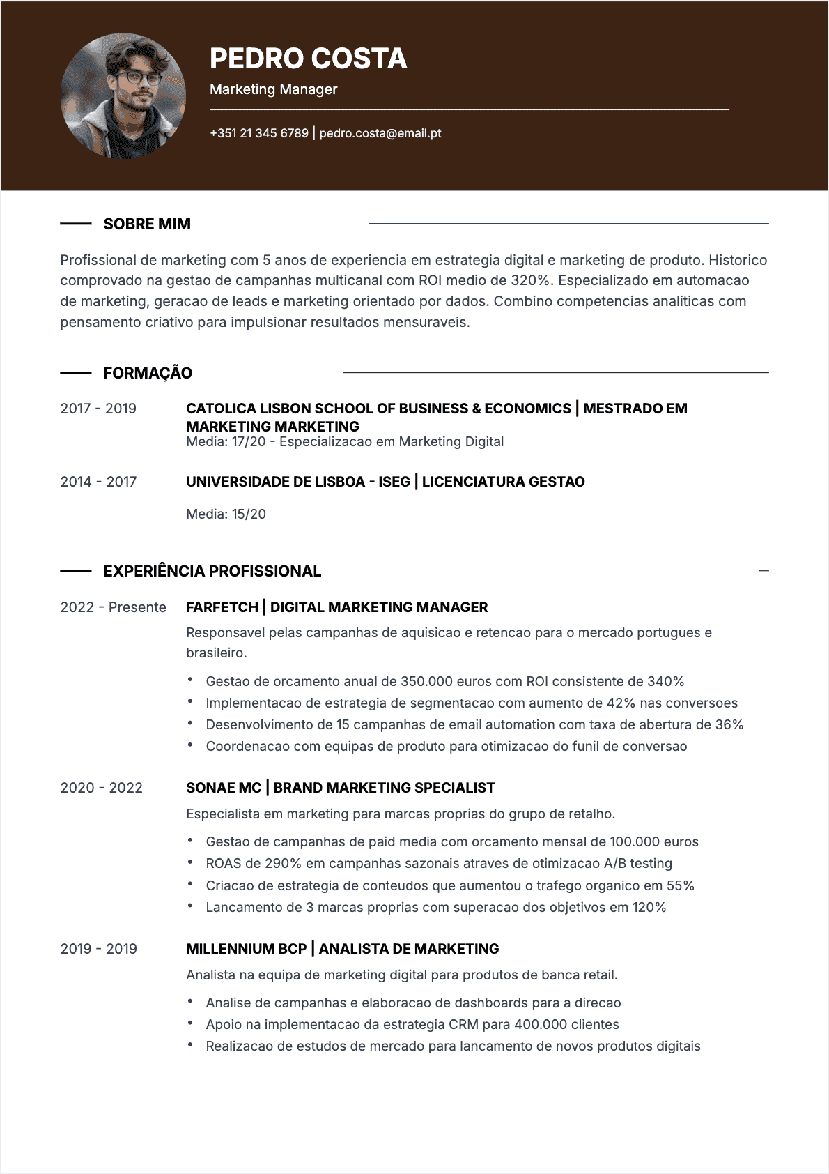 Exemplo de CV Especialista em marketing
