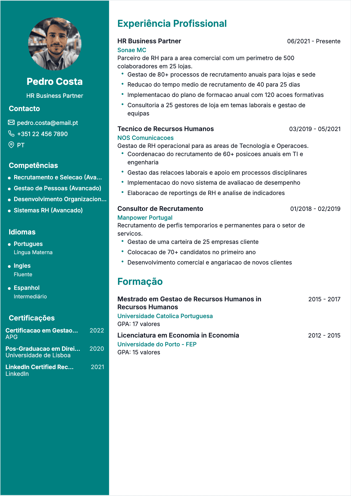 Exemplo de CV Especialista em RH profissional - Modelo moderno otimizado para ATS e recrutadores | CVtoWork