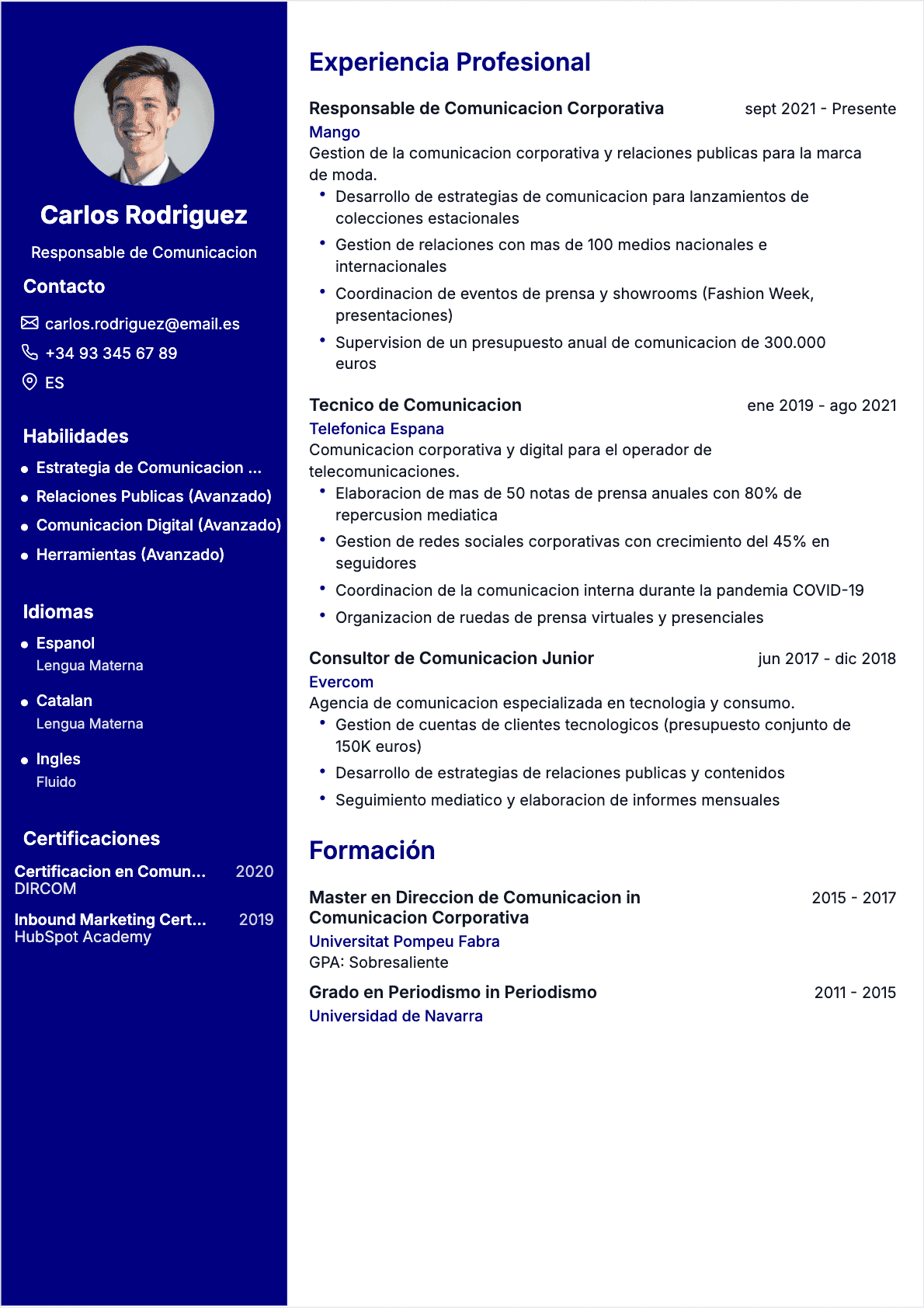 Ejemplo de CV Especialista en comunicación profesional - Plantilla moderna optimizada para ATS y reclutadores | CVtoWork