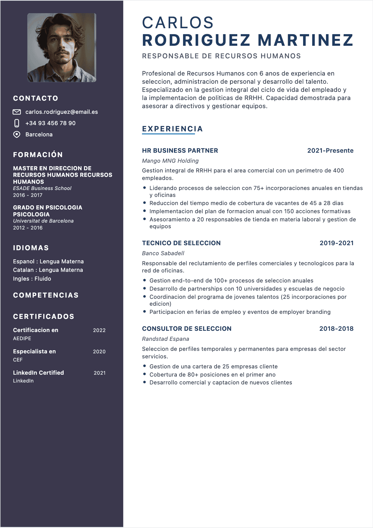Ejemplo de CV Especialista en RRHH