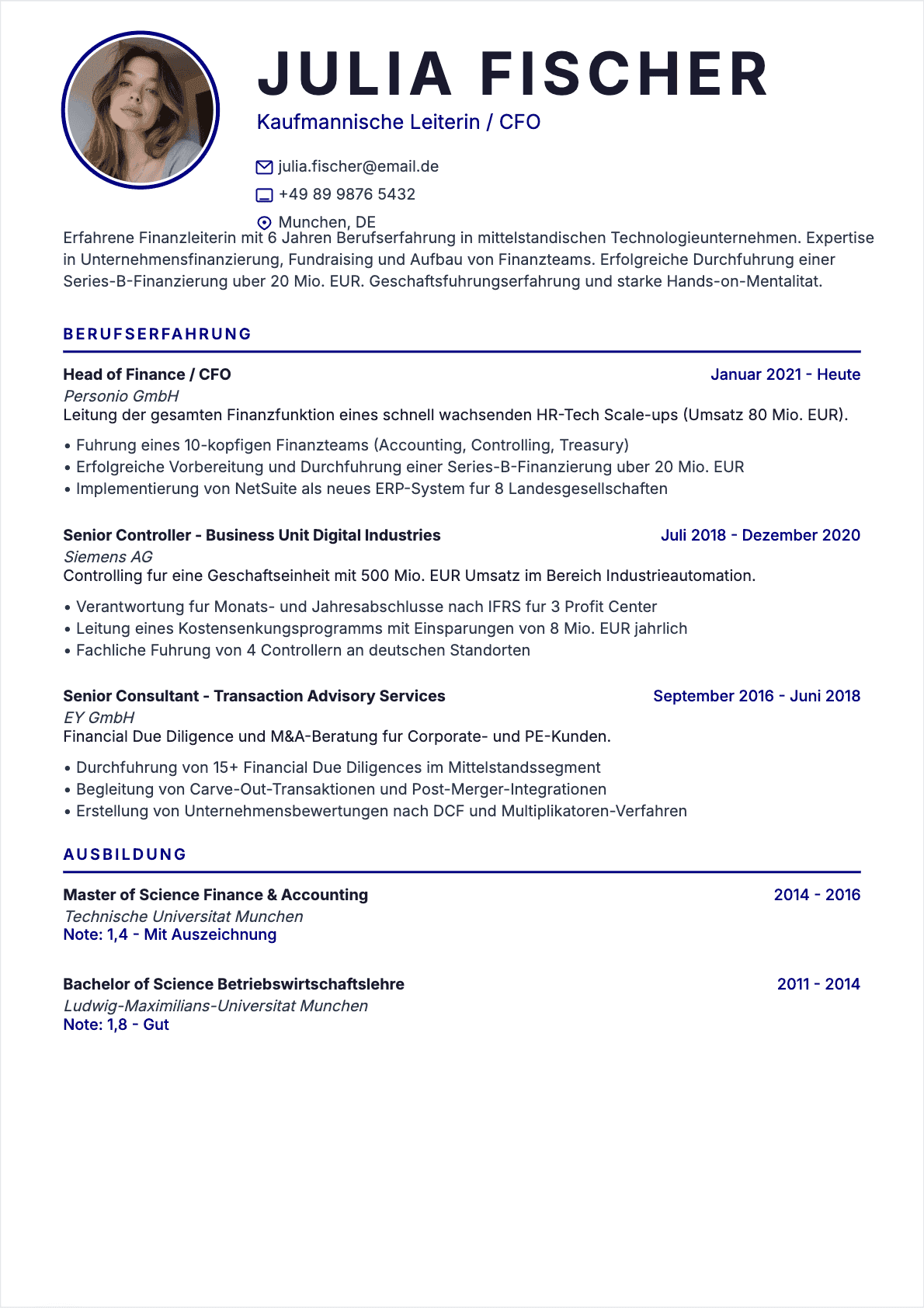 Professionelles Finanzvorstand Lebenslauf-Beispiel - Moderne Vorlage optimiert für ATS und Personalvermittler | CVtoWork