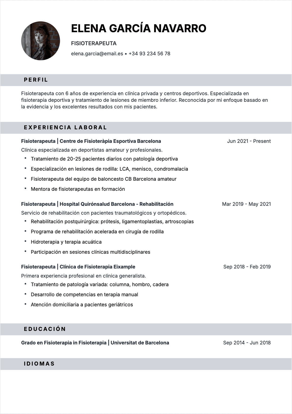 Ejemplo de CV Fisioterapeuta
