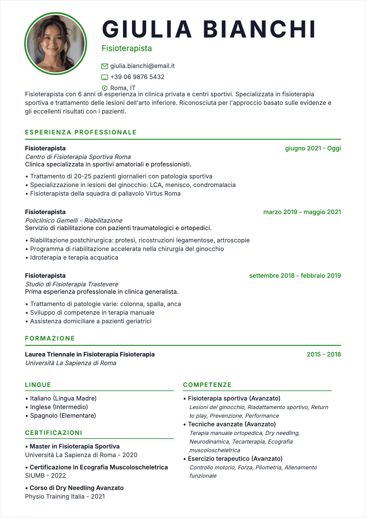 Esempio di CV Fisioterapista