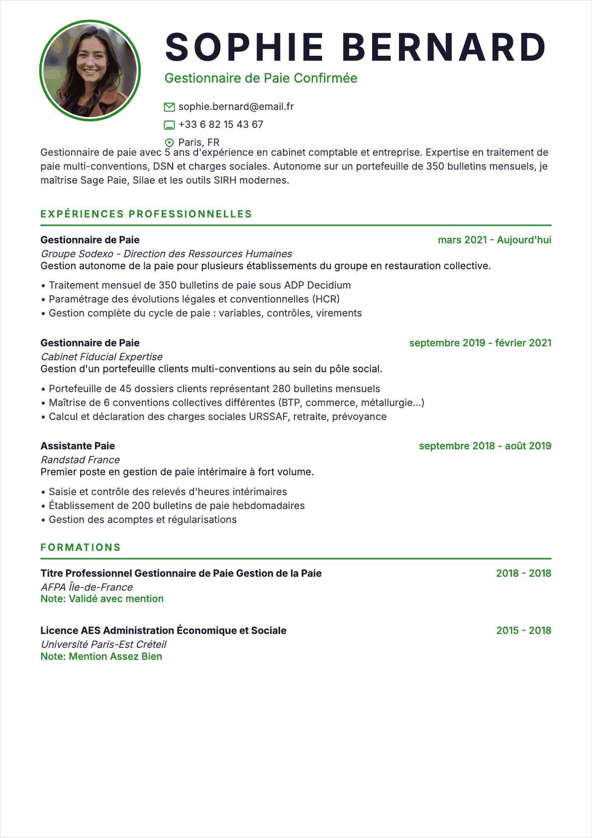 Exemple de CV Payroll Manager professionnel - Modèle moderne optimisé pour les ATS et recruteurs | CVtoWork