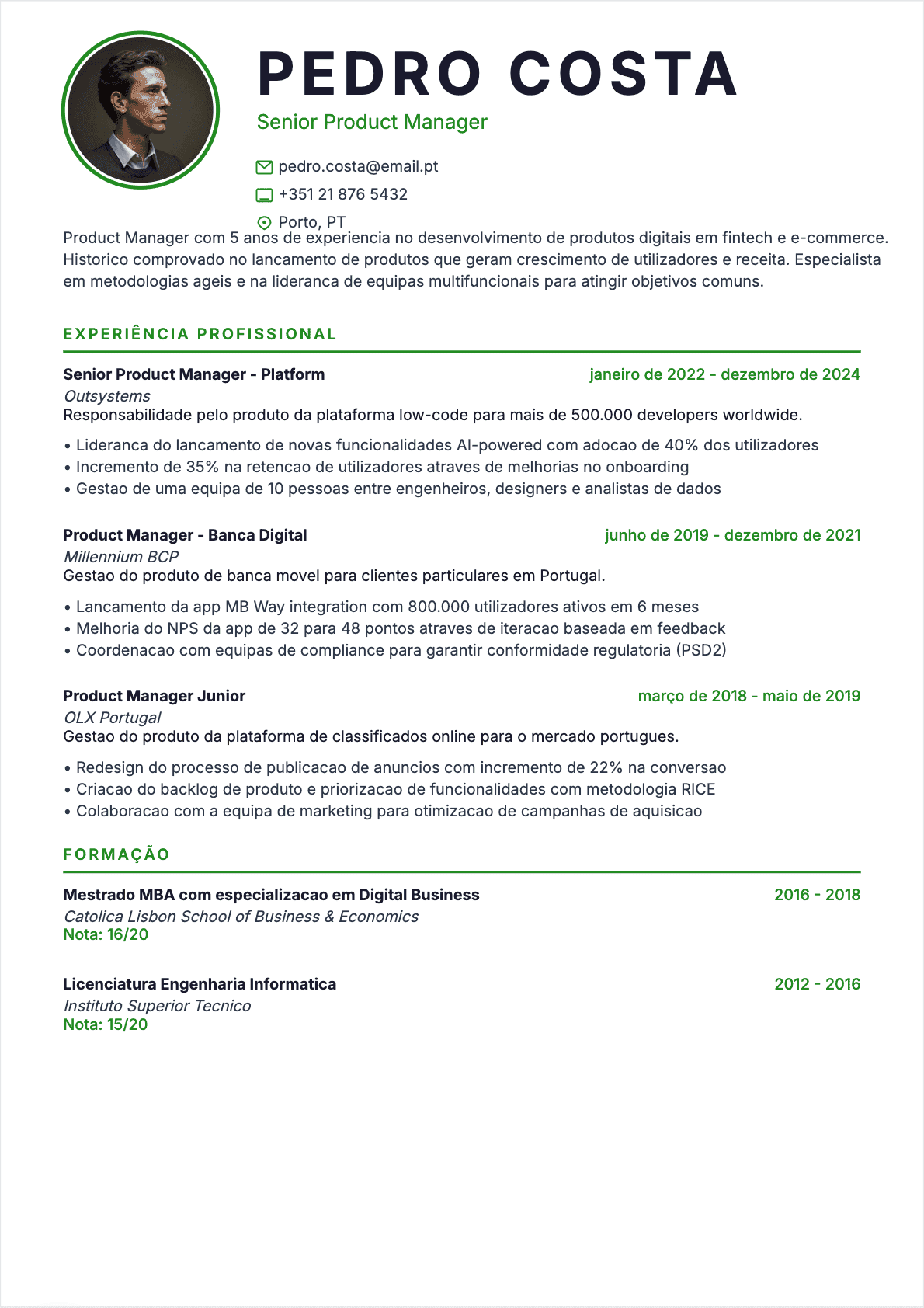 Exemplo de CV Gestor de produto profissional - Modelo moderno otimizado para ATS e recrutadores | CVtoWork