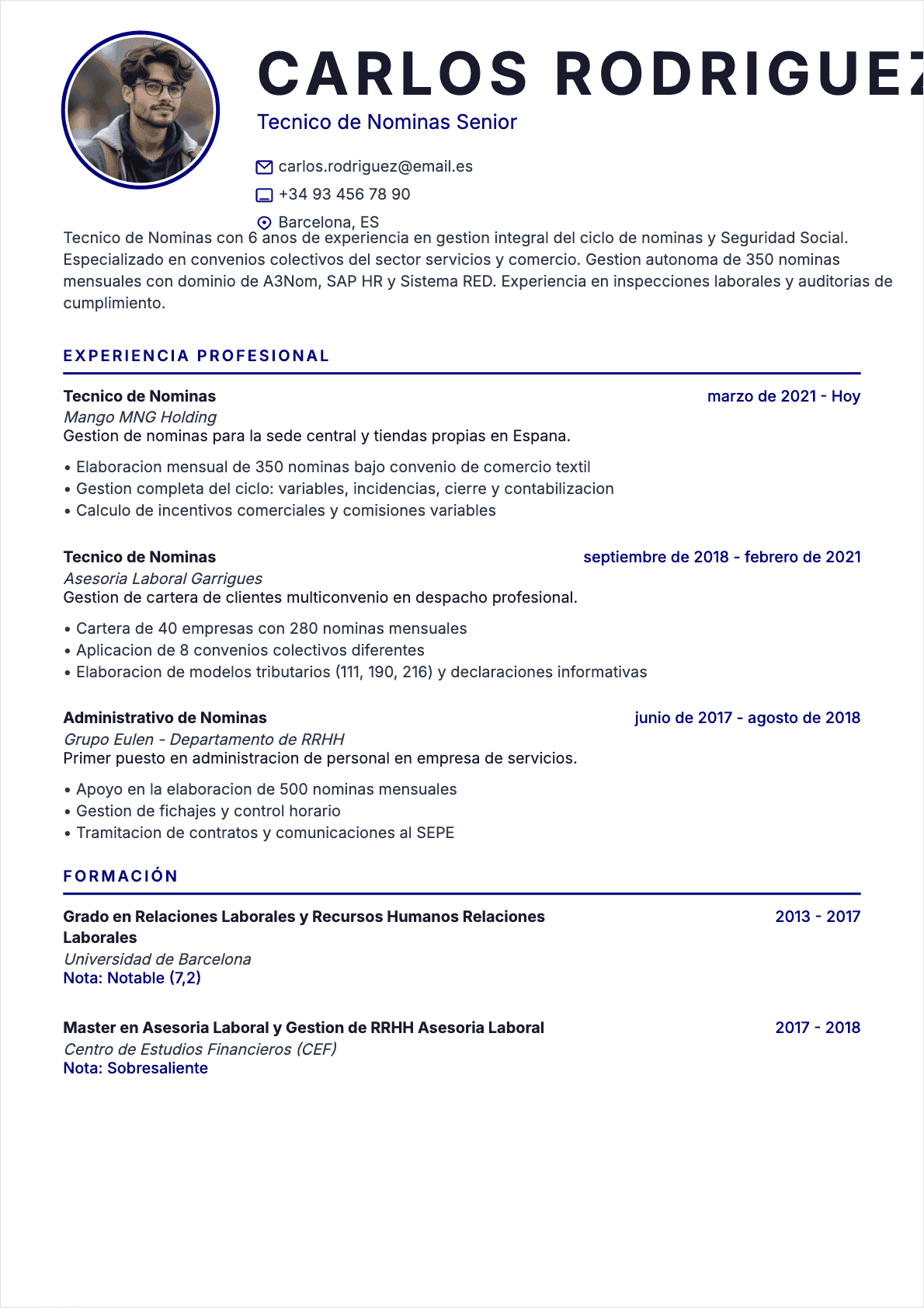 Ejemplo de CV Payroll Manager