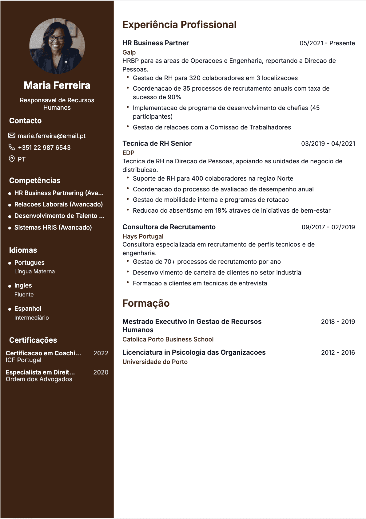 Exemplo de CV Gestor RH profissional - Modelo moderno otimizado para ATS e recrutadores | CVtoWork