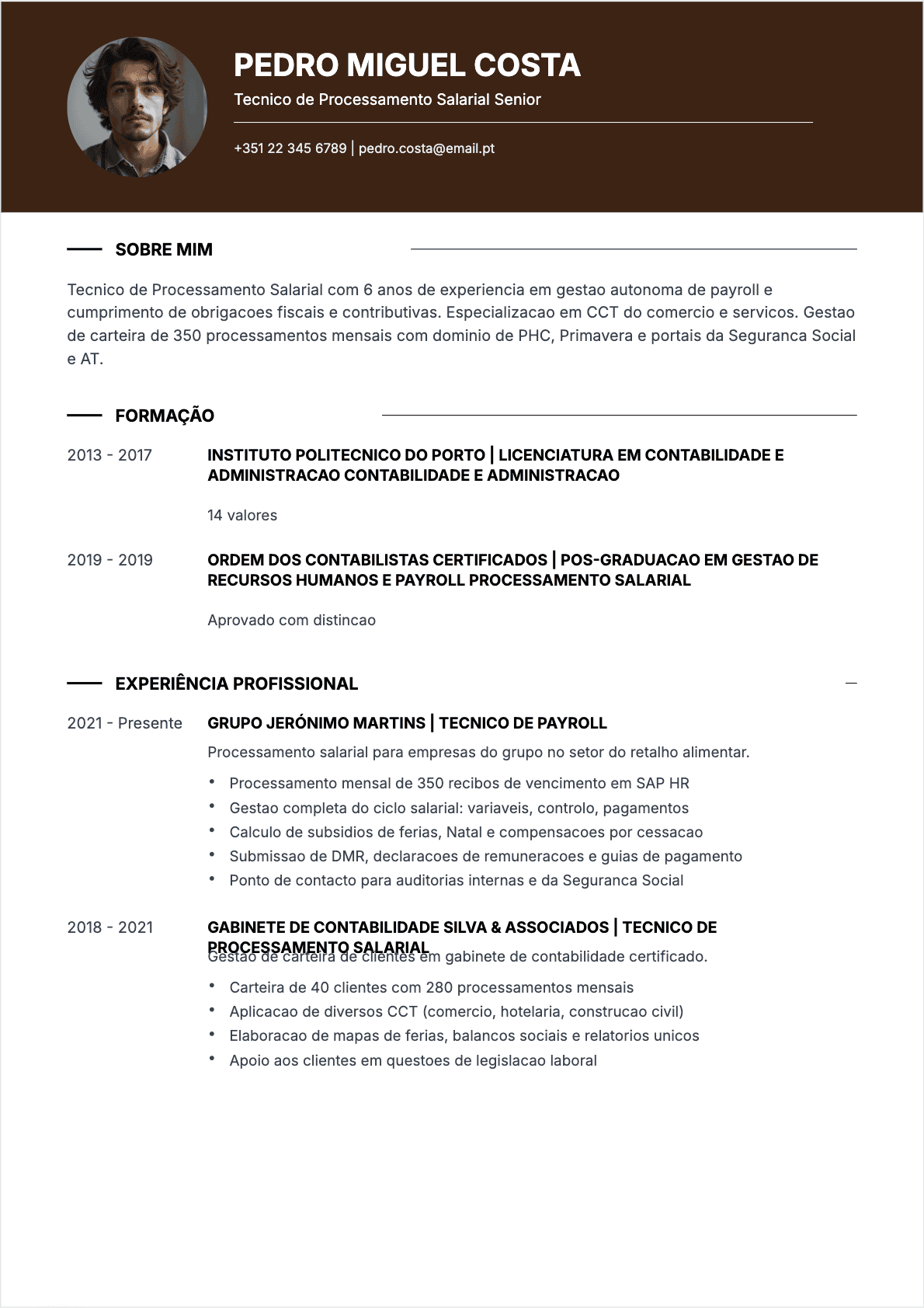 Exemplo de CV Gestor Salarios profissional - Modelo moderno otimizado para ATS e recrutadores | CVtoWork