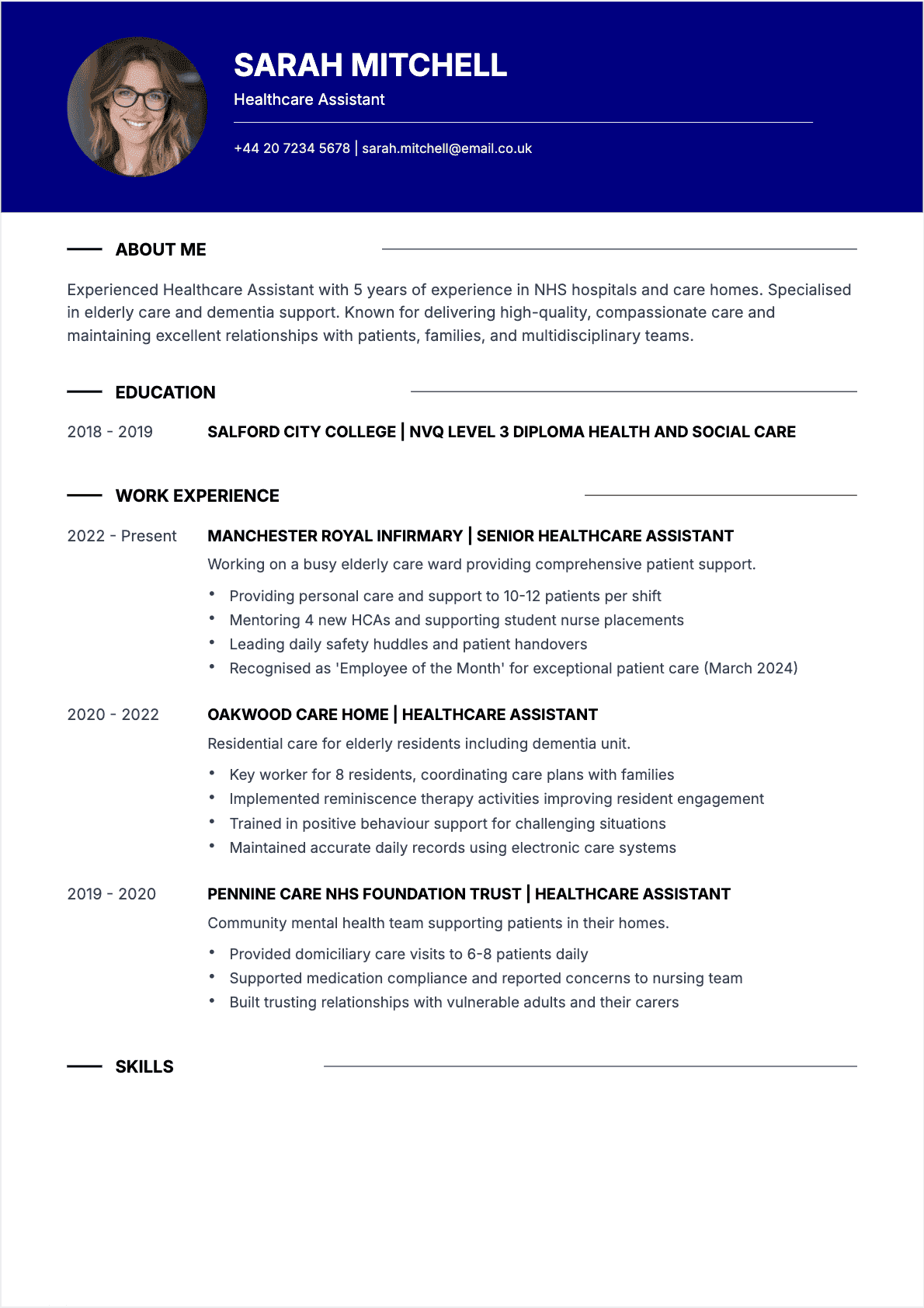 Healthcare Assistant resume example