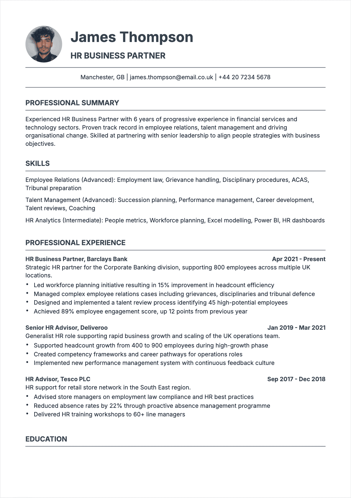 Professional HR Director resume example - Modern template optimized for ATS and recruiters | CVtoWork