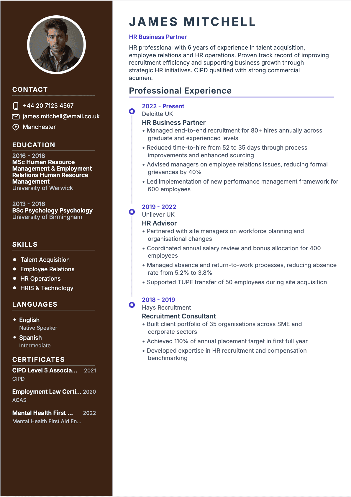 Professional HR Specialist resume example - Modern template optimized for ATS and recruiters | CVtoWork