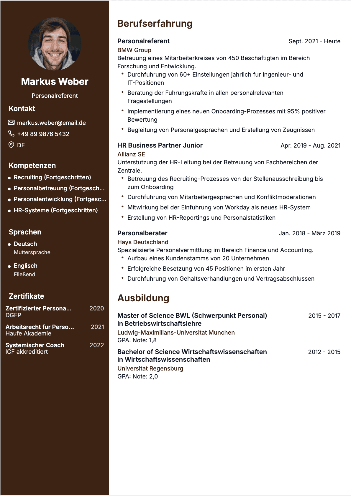 Professionelles HR-Spezialist Lebenslauf-Beispiel - Moderne Vorlage optimiert für ATS und Personalvermittler | CVtoWork