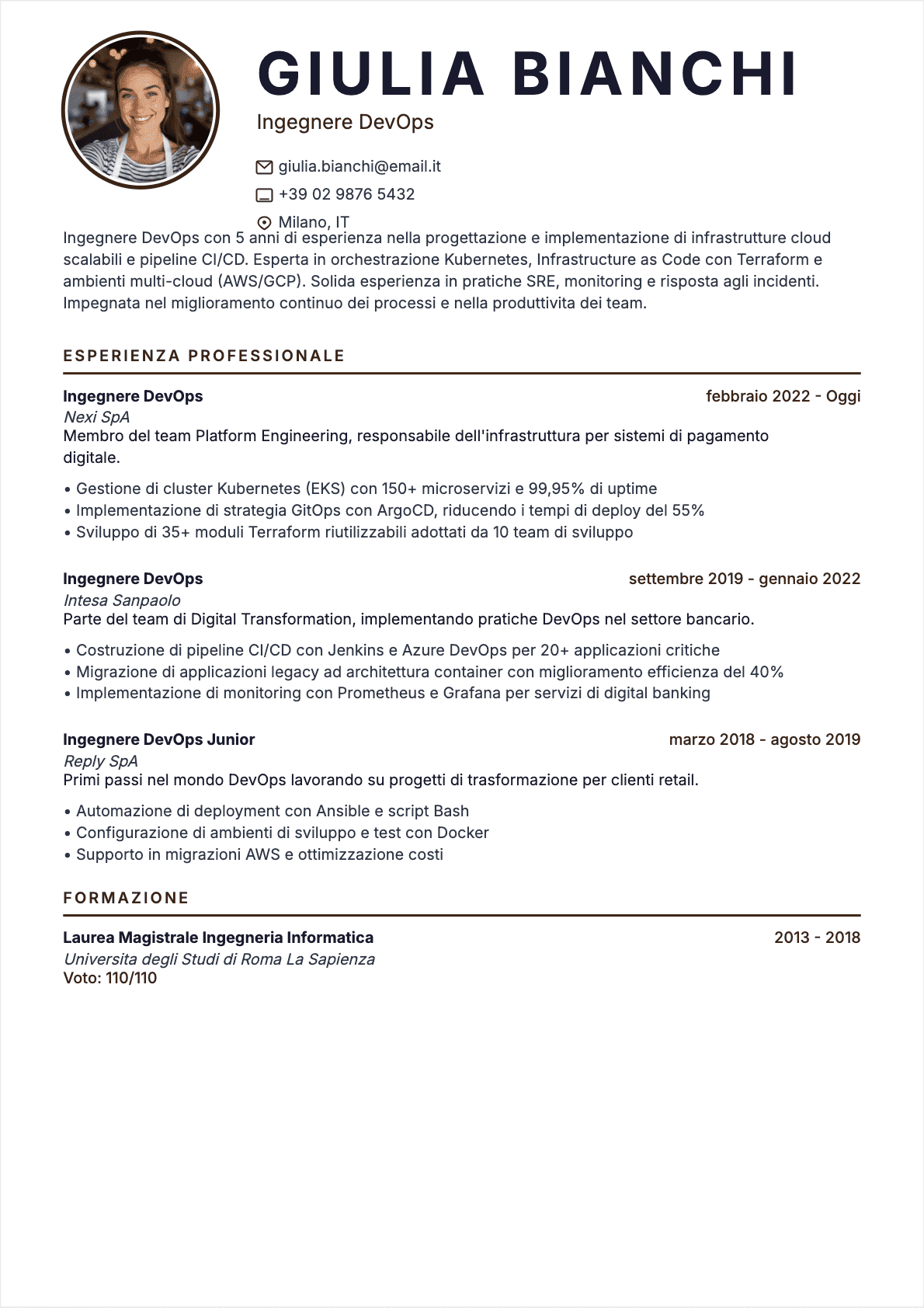 Esempio di CV Ingegnere DevOps