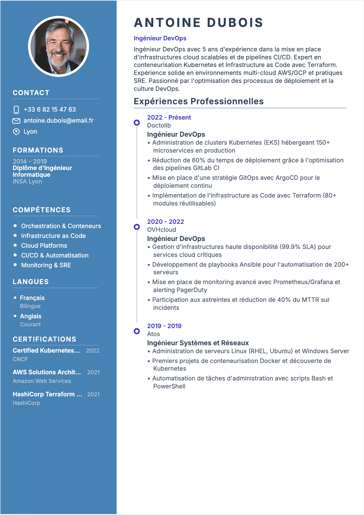 Exemple de CV Ingénieur DevOps professionnel - Modèle moderne optimisé pour les ATS et recruteurs | CVtoWork