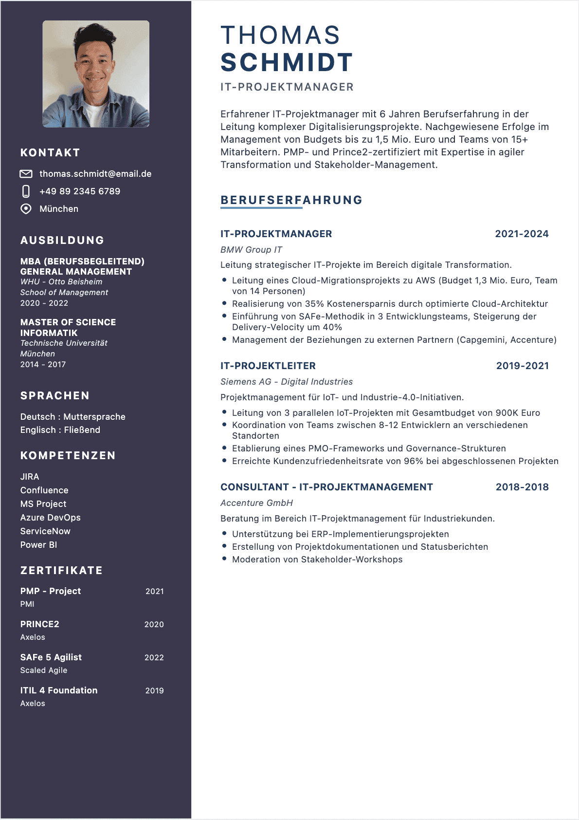 Professionelles IT-Projektleiter Lebenslauf-Beispiel - Moderne Vorlage optimiert für ATS und Personalvermittler | CVtoWork