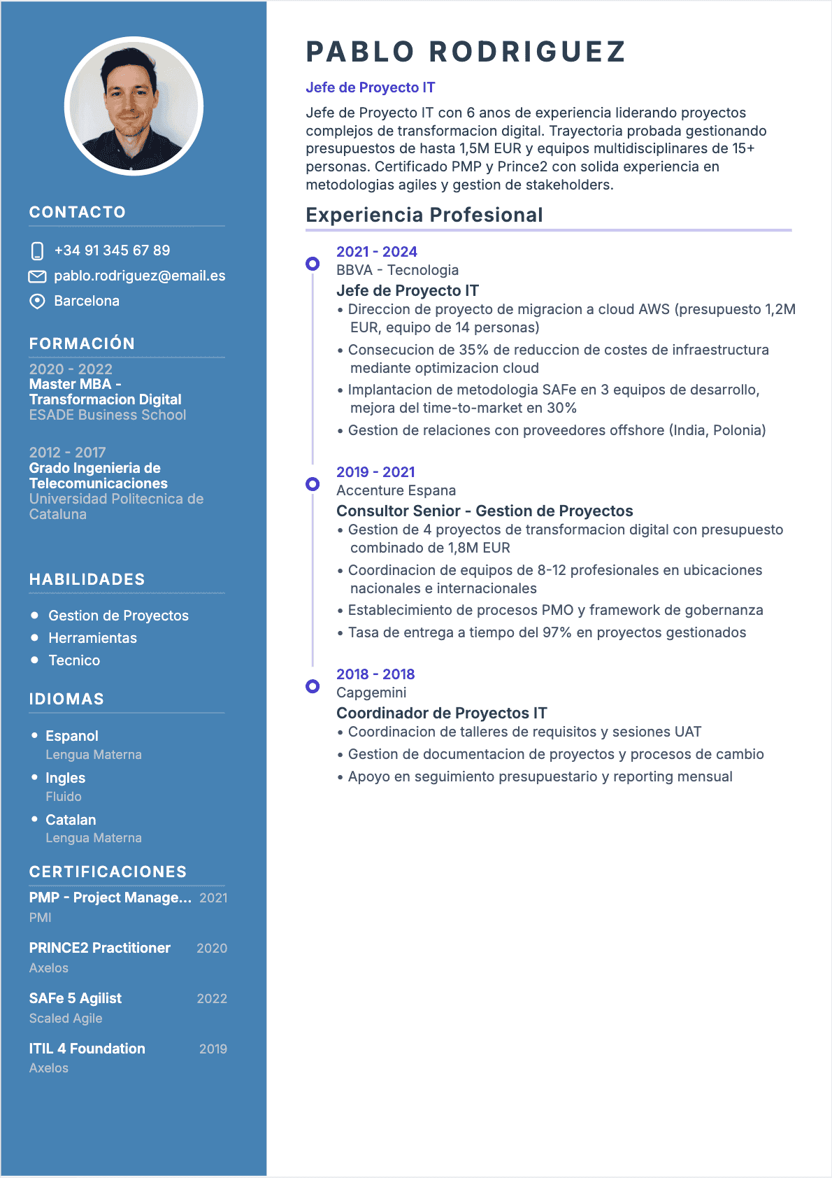 Ejemplo de CV Jefe de proyecto IT profesional - Plantilla moderna optimizada para ATS y reclutadores | CVtoWork