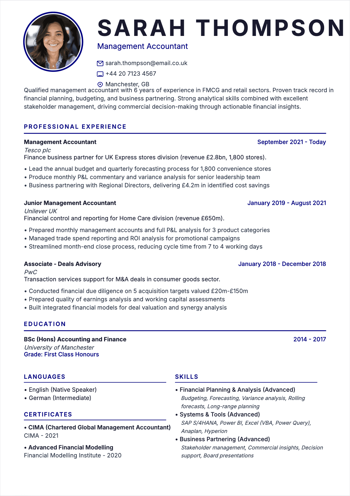 Professional Management Controller resume example - Modern template optimized for ATS and recruiters | CVtoWork