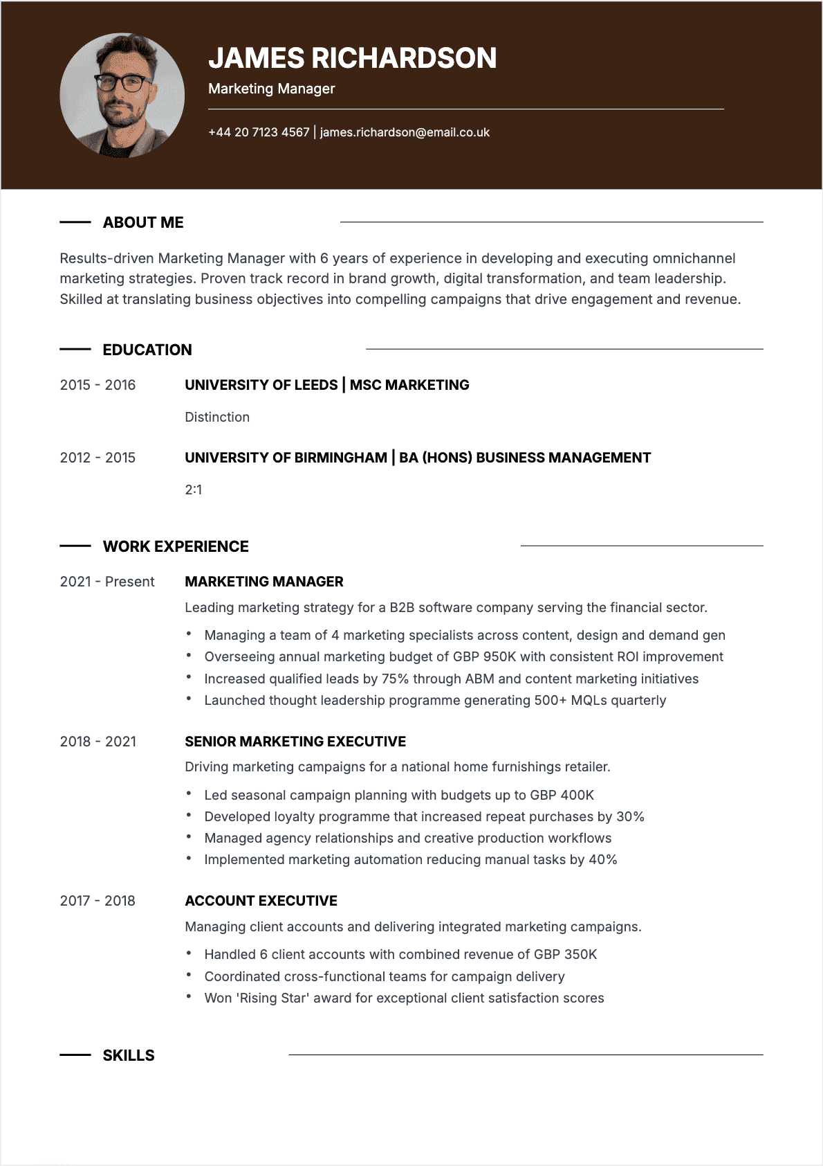 Professional Marketing Manager resume example - Modern template optimized for ATS and recruiters | CVtoWork