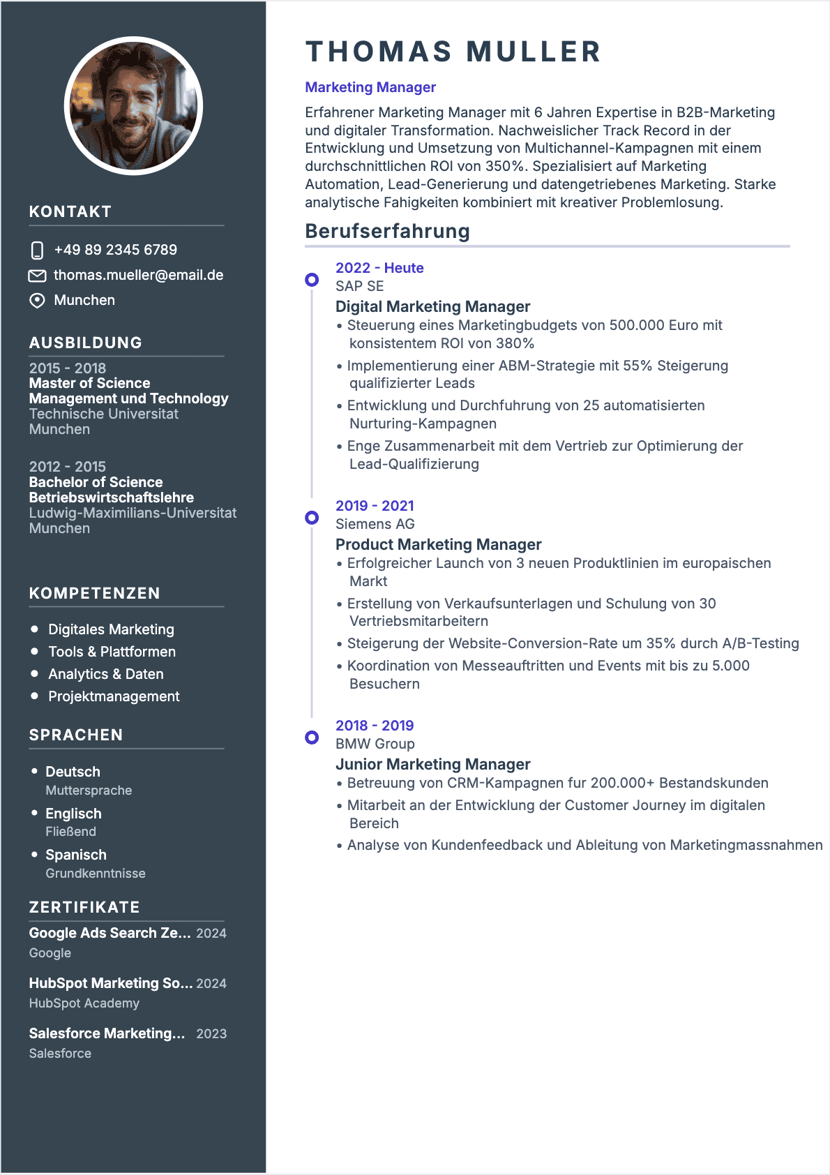 Professionelles Marketing-Spezialist Lebenslauf-Beispiel - Moderne Vorlage optimiert für ATS und Personalvermittler | CVtoWork