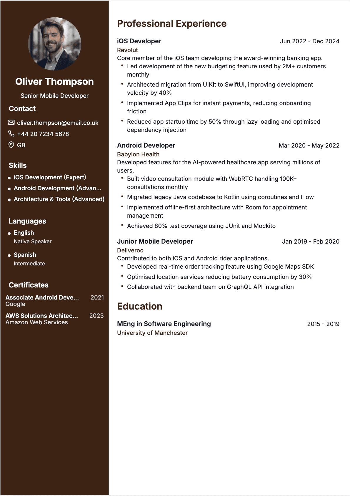 Professional Mobile Developer resume example - Modern template optimized for ATS and recruiters | CVtoWork