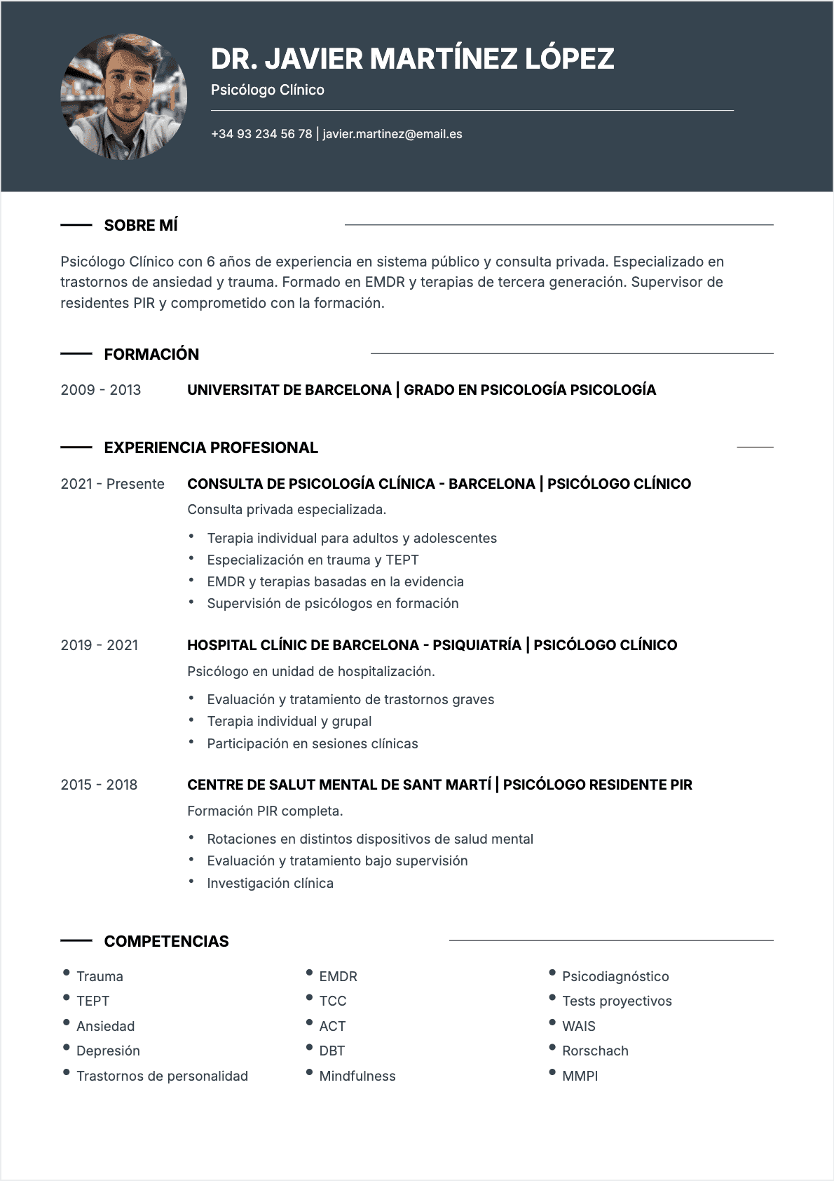 Ejemplo de CV Psicólogo profesional - Plantilla moderna optimizada para ATS y reclutadores | CVtoWork